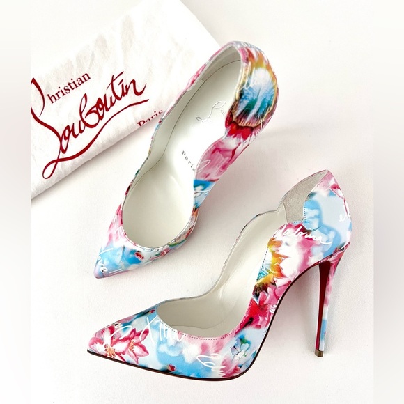 CHRISTIAN LOUBOUTIN | Hot Chick Pink Blue White Floral Sky Pointed Pumps US 7 - Picture 1 of 13